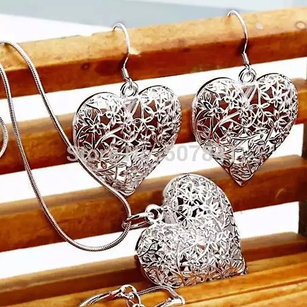 NEW STERLING SILVER HEART HOLLOW OUT NECKLACE EARRINGS SET